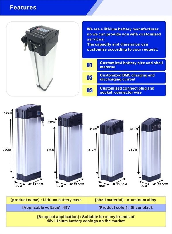 Srebrowy rybek 36V 48V 52V 10Ah 13Ah 15Ah 18Ah 20Ah Akumulator roweru elektrycznego 500W 1000W 1500W Akumulator litowo-jonowy